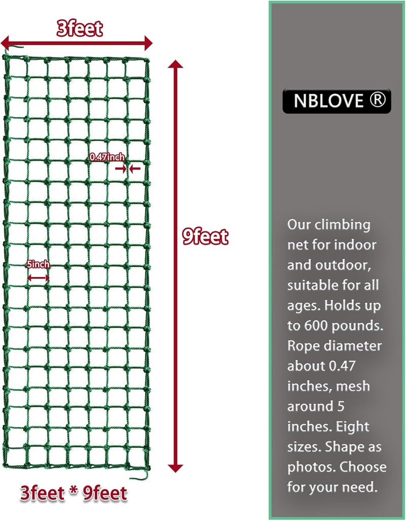 NBLOVE Outdoor & Indoor Premium Climbing Net - 8 Sizes Polyester Fiber. Easy Install with Extras. Handcrafted & Practical. Ideal Gift. (3ft x 9ft) - Image 2